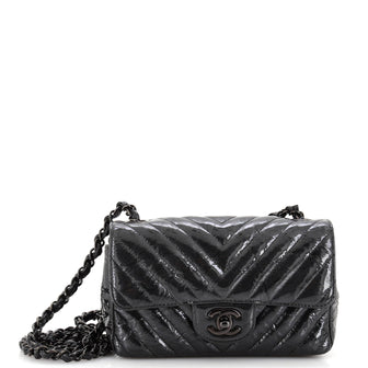 Chanel So Black Classic Single Flap Bag Chevron Crumpled Patent Mini