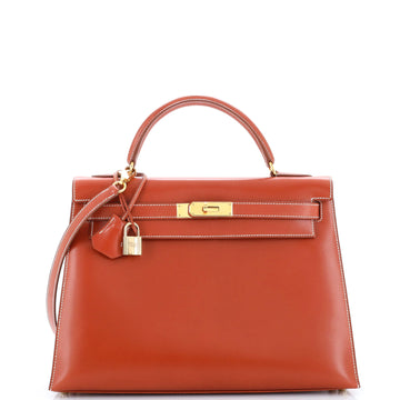 Hermes Kelly Handbag Orange Box Calf with Gold Hardware 32