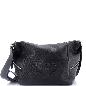 Prada Triangle Logo Embossed Side Zip Shoulder Bag Vitello Daino