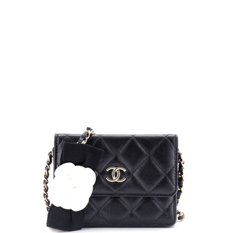 Chanel Camellia Bow Flap Card Holder with Chain Quilted Lambskin