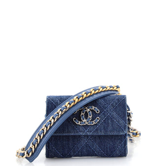 Chanel 19 Flap Coin Purse With Chain Quilted Denim