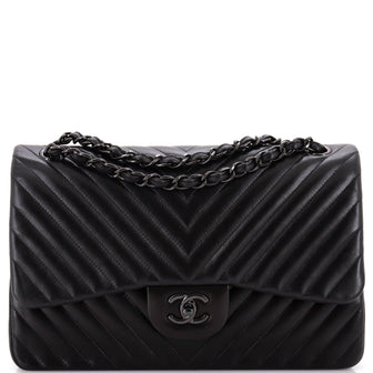 Chanel So Black Classic Double Flap Bag Chevron Lambskin Jumbo