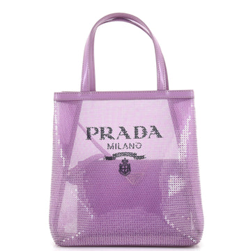 Prada Logo Open Tote Sequined Mesh Small