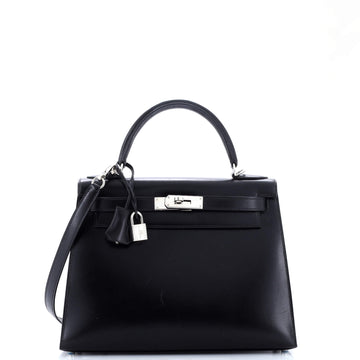 Hermes Kelly Handbag Black Box Calf with Palladium Hardware 28
