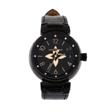 Louis Vuitton Tambour All Black Quartz Watch PVD Coated Stainless Steel and Alligator with Diamond Markers 34