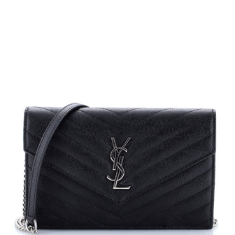 Saint Laurent Classic Monogram Wallet on Chain Matelasse Chevron Metallic Leather Small