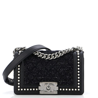Chanel Boy Flap Bag Quilted Tweed with Pearl Embellished Calfskin Small