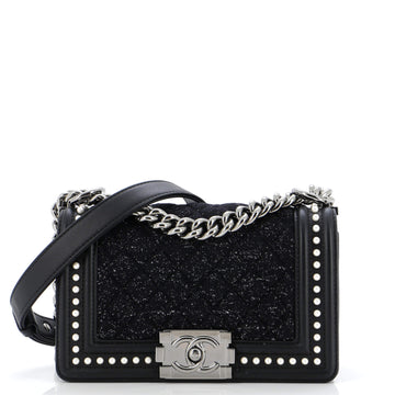 Chanel Boy Flap Bag Quilted Tweed with Pearl Embellished Calfskin Small
