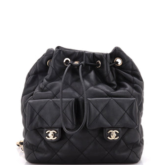 Chanel Double Pocket Drawstring Backpack Quilted Calfskin Small