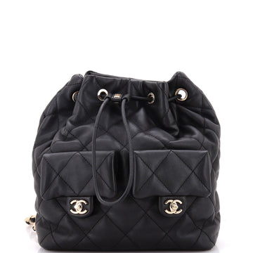 Chanel Double Pocket Drawstring Backpack Quilted Calfskin Small