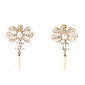 Chanel Bow CC Teardrop Earrings Metal with Faux Pearls and Crystals