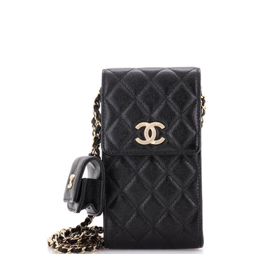 Chanel Textured CC Flap Phone Holder Crossbody Bag with AirPods Pro Case Quilted Caviar