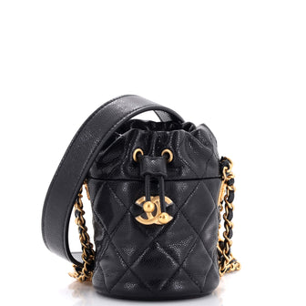 Chanel Twist Your Buttons Drawstring Bucket Bag Quilted Caviar Mini