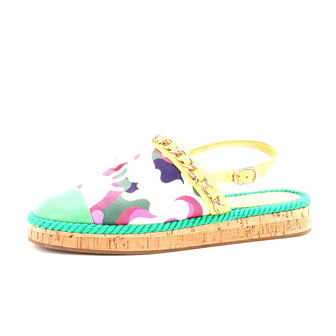 Chanel Women's Cap Toe CC Chain Slingback Mules Printed Cotton and Leather with Cork