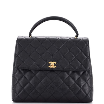 Chanel Vintage Classic Top Handle Flap Bag Quilted Caviar Jumbo