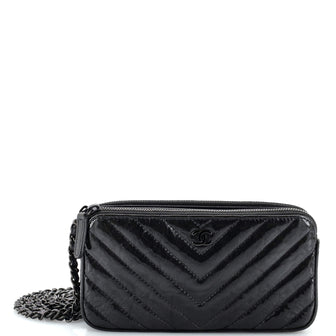 Chanel So Black Double Zip Clutch with Chain Chevron Crumpled Metallic Patent