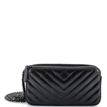 Chanel So Black Double Zip Clutch with Chain Chevron Crumpled Metallic Patent