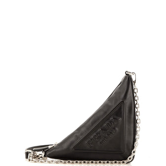 Prada Triangle Logo Zip Chain Crossbody Bag Embossed Leather Small
