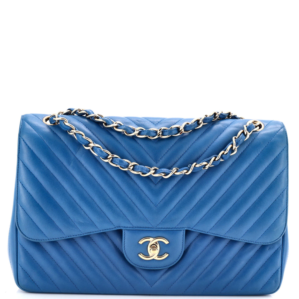 Chanel Classic Double Flap Bag Chevron Lambskin Jumbo Blue 2959617