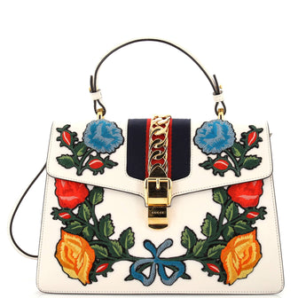 Gucci Sylvie Top Handle Bag Embroidered Leather Medium
