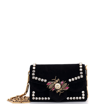 Gucci Broadway Pearly Bee Shoulder Bag Crystal Embellished Velvet Mini