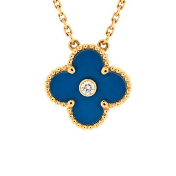 Van Cleef & Arpels Vintage Alhambra Pendant Necklace 18K Yellow Gold and Blue Sevres Porcelain with Diamond