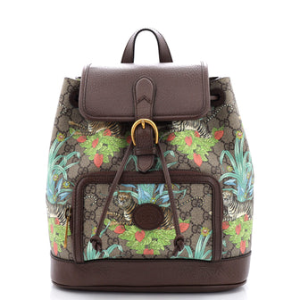 Gucci Tiger Interlocking G Patch Drawstring Flap Backpack Limited Edition GG Coated Canvas Small