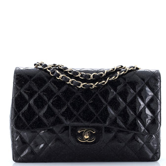 Chanel Vintage Classic Single Flap Bag Quilted Glitter Patent Jumbo