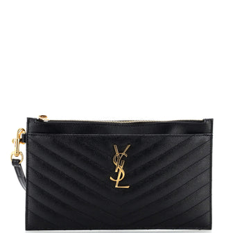 Saint Laurent Classic Monogram Zip Bill Pouch Matelasse Chevron Leather Large
