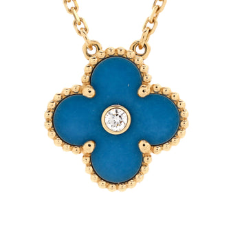 Van Cleef & Arpels Vintage Alhambra Pendant Necklace 18K Yellow Gold and Blue Sevres Porcelain with Diamond