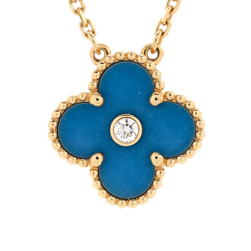 Van Cleef & Arpels Vintage Alhambra Pendant Necklace 18K Yellow Gold and Blue Sevres Porcelain with Diamond