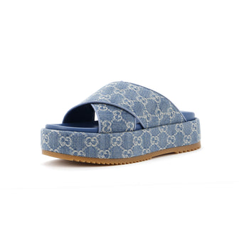 Gucci Women's Criss Cross Platform Slide Sandals GG Denim
