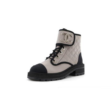 Chanel Women's Chain CC Cap Toe Lace Up Combat Boots Quilted Fabric and Grosgrain