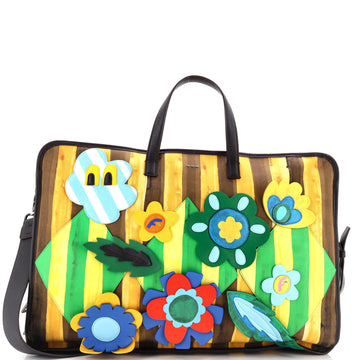 Fendi Flower Convertible Tote Pequin Canvas with Applique Large