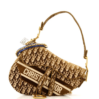 Christian Dior Saddle Handbag Logo Embroidered Oblique Velvet Medium
