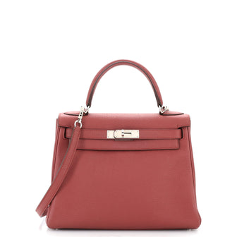 Hermes Kelly Handbag Pink Clemence with Palladium Hardware 28