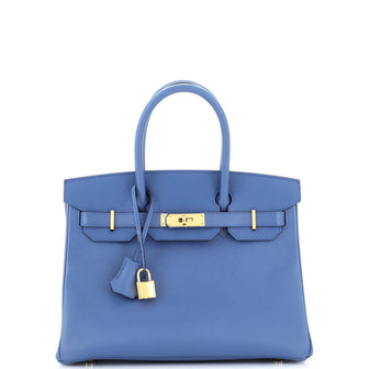 Hermes Birkin Handbag Blue Epsom with Gold Hardware 30