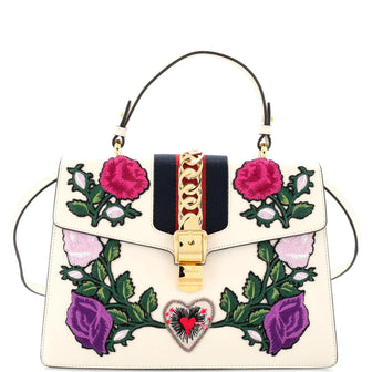 Gucci Sylvie Top Handle Bag Embroidered Leather Medium