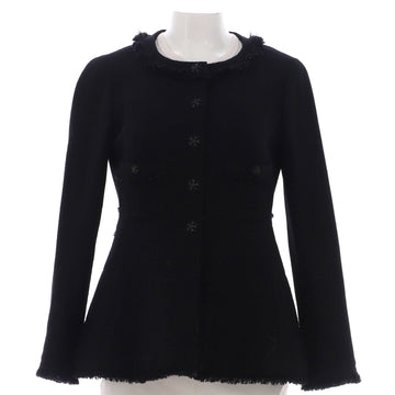 Chanel Women's Collarless Frayed Hem Button Up Jacket Wool
