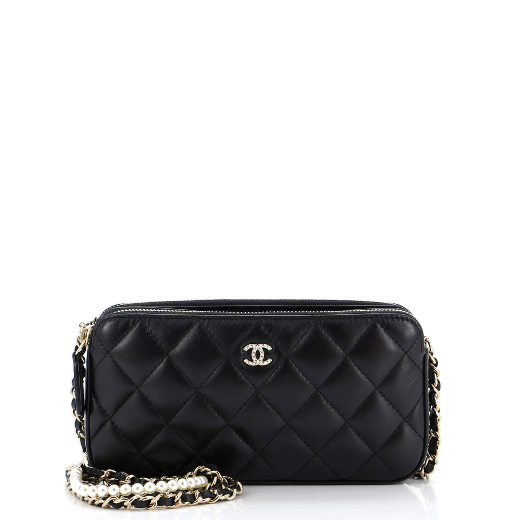 Chanel Double Zip Clutch with Pearl Chain Quilted Lambskin Black