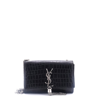 Saint Laurent Classic Monogram Tassel Crossbody Bag Crocodile Embossed Leather Small