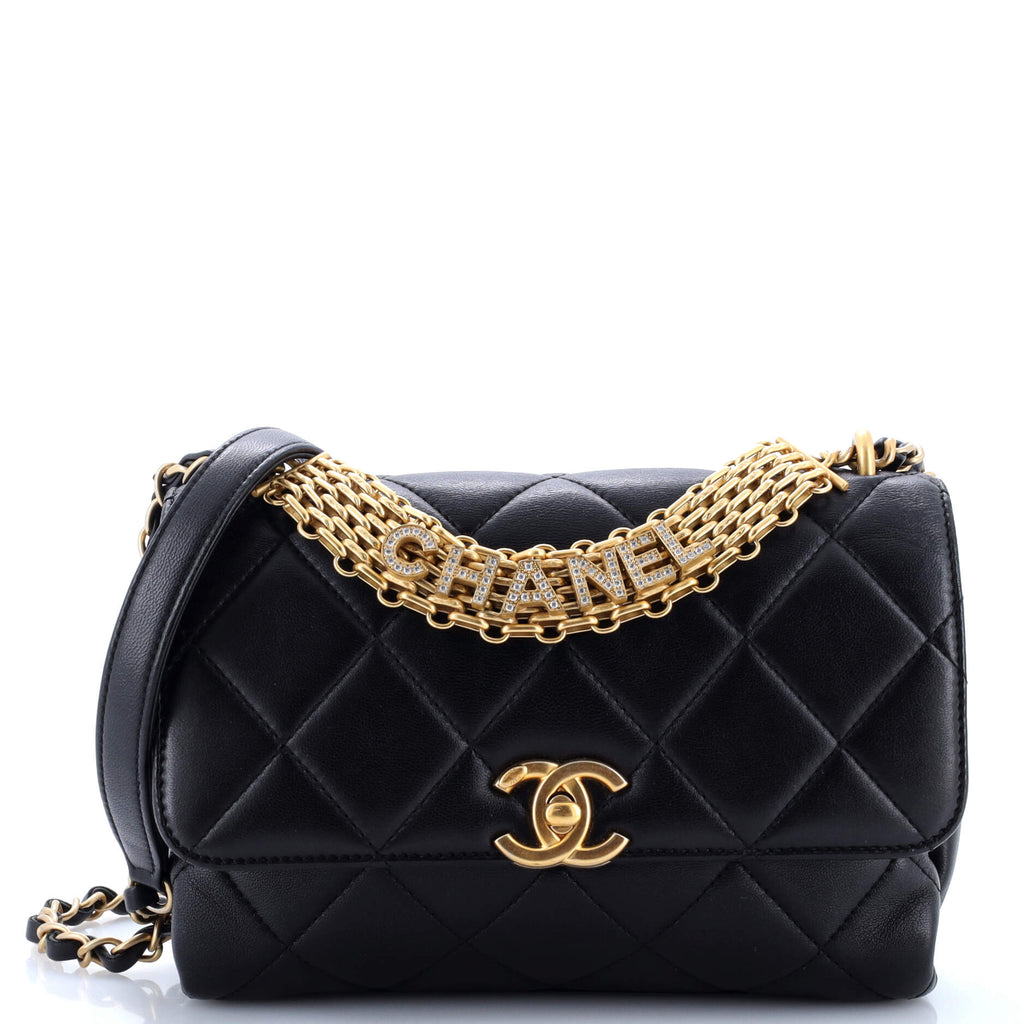Chanel Crystal Logo Letters Chain Handle Flap Bag Quilted Lambskin