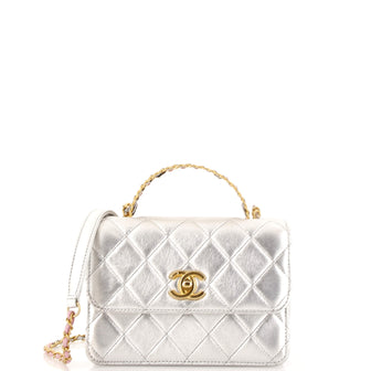 Chanel Logo Links Top Handle Flap Bag Quilted Calfskin Mini