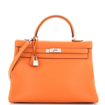 Hermes Kelly Handbag Orange Clemence with Palladium Hardware 35