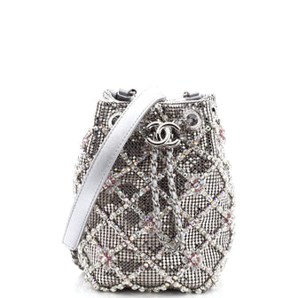 Chanel CC Drawstring Bucket Bag Crystal Embellished Metal Mesh Mini