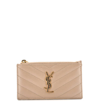 Saint Laurent Monogram Fragments Zip Card Holder Matelasse Chevron Leather