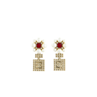 Chanel CC Perfume Bottle Dangling Earrings Metal and Faux Pearls with Crystal