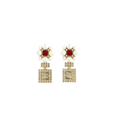 Chanel CC Perfume Bottle Dangling Earrings Metal and Faux Pearls with Crystal