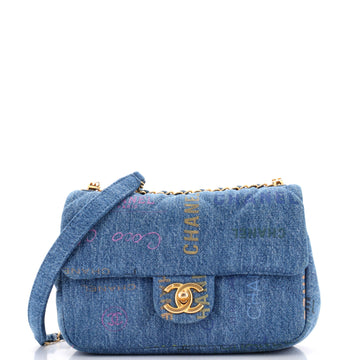 Chanel Denim Mood Flap Bag Logo Printed Quilted Denim Small