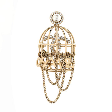 Chanel CC Birdcage Pin Brooch Metal with Crystals and Faux Pearl